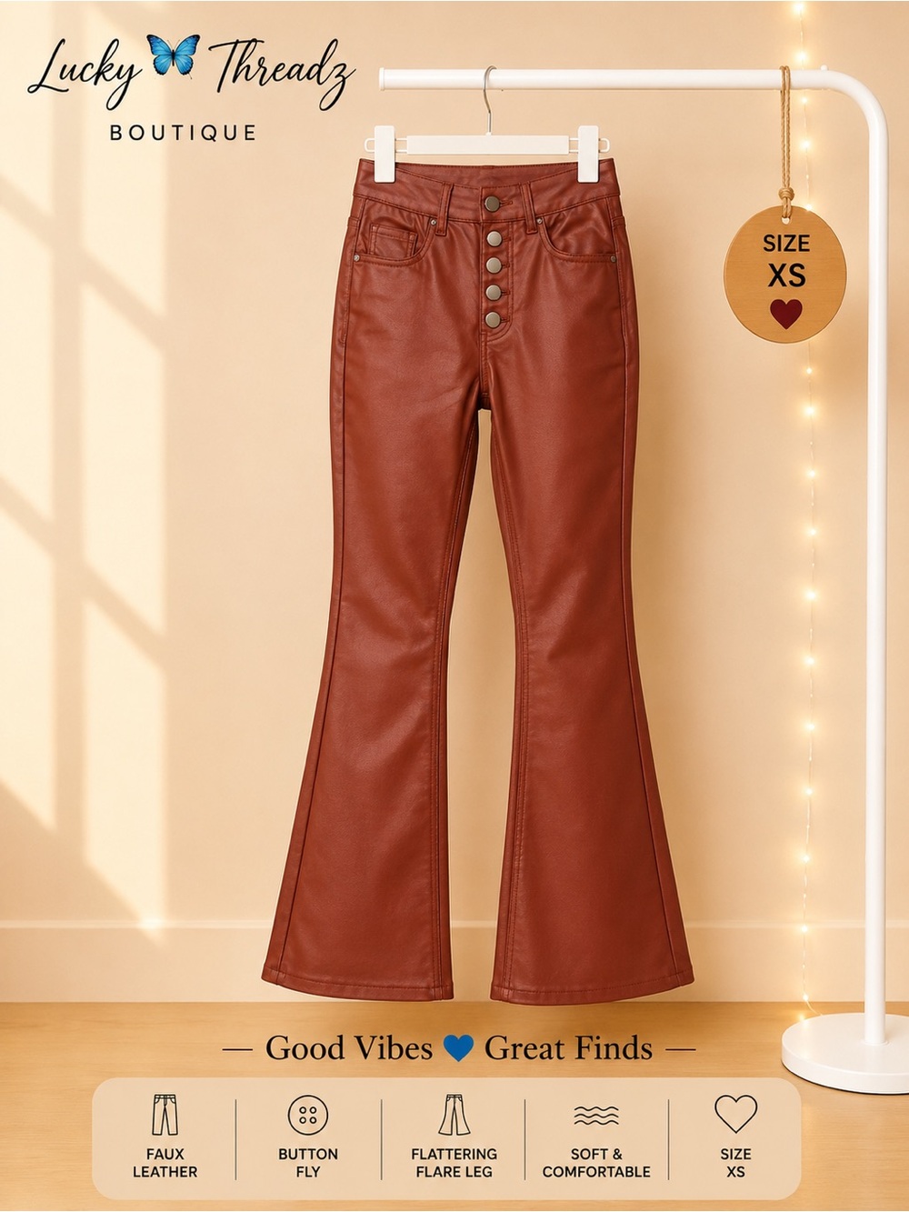 NWOT Rust Vegan Leather Button Fly Flared Leg Pants Cognac Brown XS